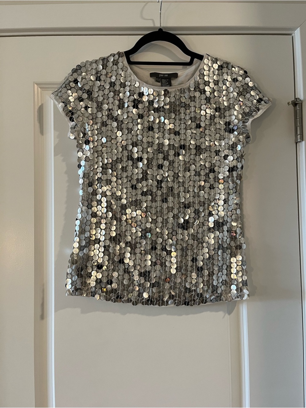 Per Se Silver Sequin Short Sleeve Top